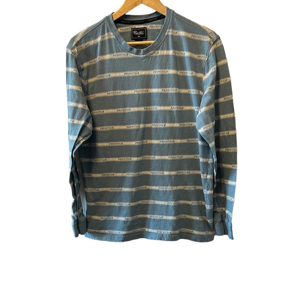 MENS PRIMITIVE Blue Graphic Striped Print Long Sleeve Cotton Casual Tee Shirt L